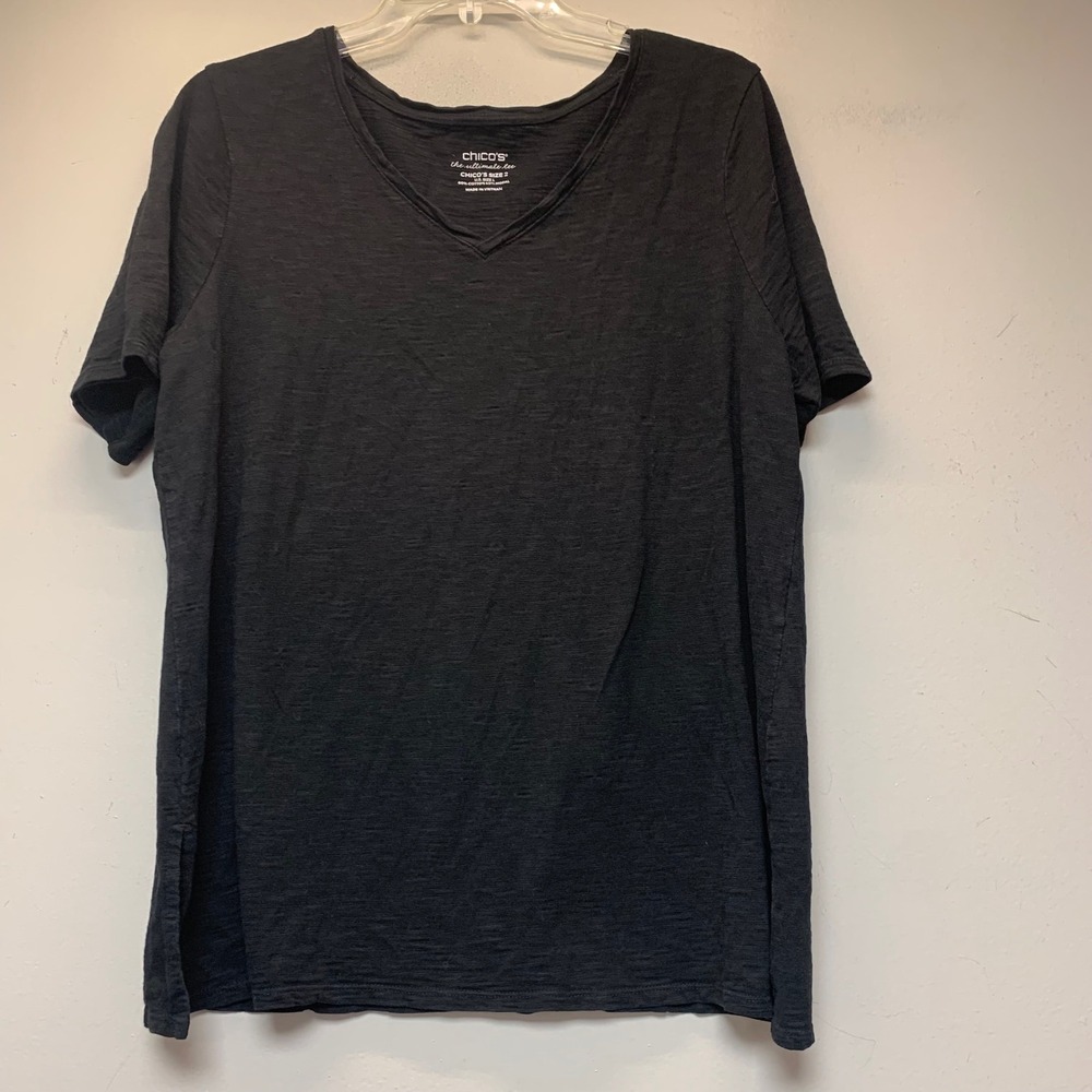 Chico's The Ultimate Tee Women Size 2 L Black Excellent V-Neck Slub Cotton Modal